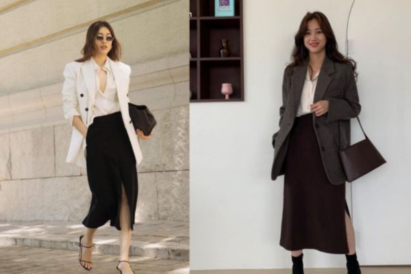 Phối blazer với váy xẻ tà