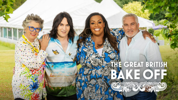 Netflix/Poster của chương trình làm bánh đình đám The Great British Baking Show với hình ảnh các thí sinh đa dạng, đầy màu sắc.