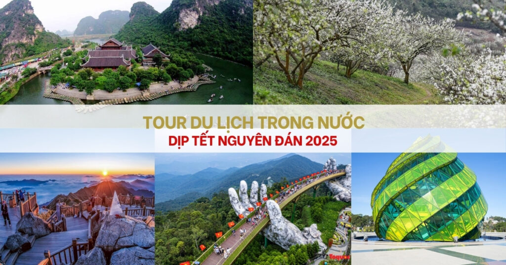 Các tour du lịch Tết Nguyên Đán 2025 ở Việt Nam với các địa điểm nổi bật lần lượt có ngôi chùa nằm giữa hồ và rừng cây xanh, rừng hoa mận trắng, đỉnh núi cao lúc bình minh, cây cầu nằm trên bàn tay và kiến trúc lồng kính.